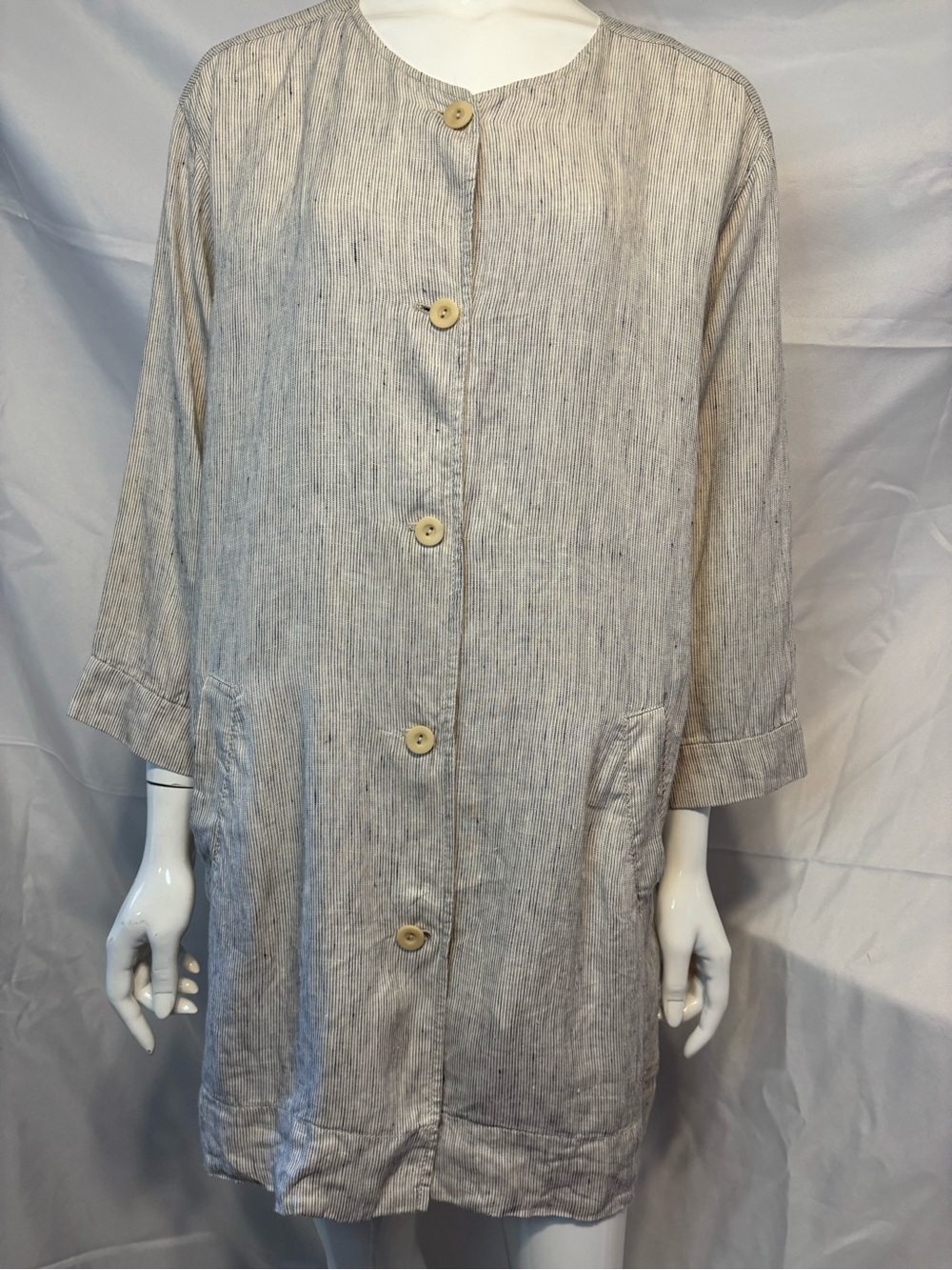 Eileen Fisher Light Gray Striped Linen-Blend Button Front Tunic Jacket Size L